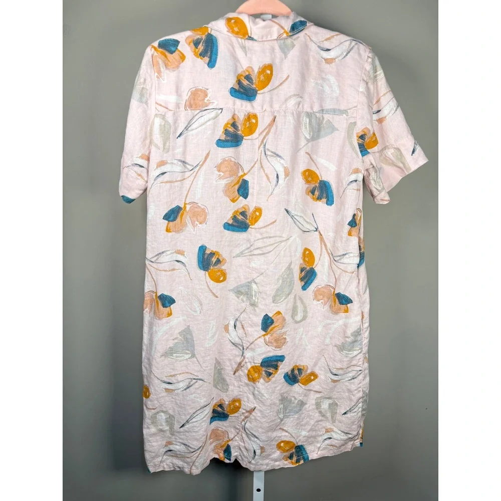 Rachel Zoe Linen Floral Shirt Dress Pink Button Front Coastal Chic Art Teacher M - Picture 7 of 10